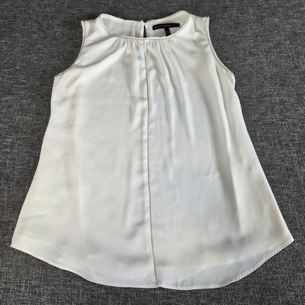 White House Black Market Blouse Womens 4 White Sleeveless Silver Trim Career Top